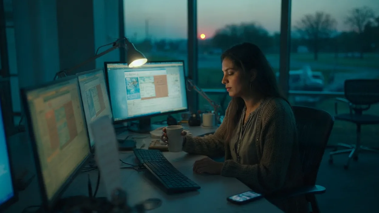 A security analyst reviews monitors in a dim office at dusk, a coffee mug at her side.