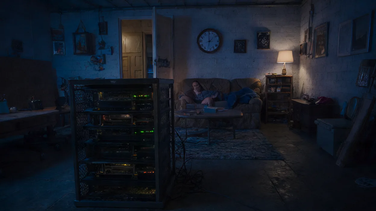 A small server rack blinks in the dark of a home office at night while someone sleeps on the couch behind it.