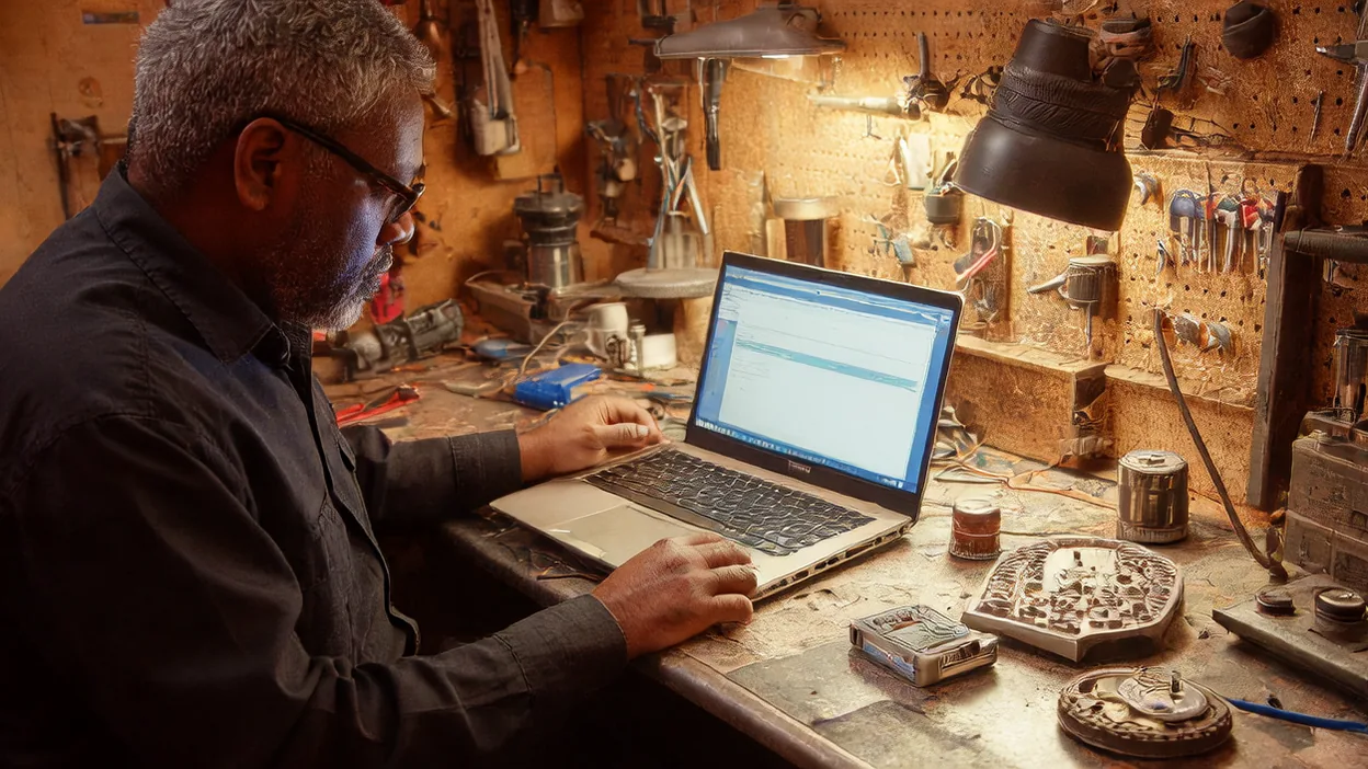 A technician works on a laptop at a cluttered workbench, drives and tools spread around it under a work lamp.