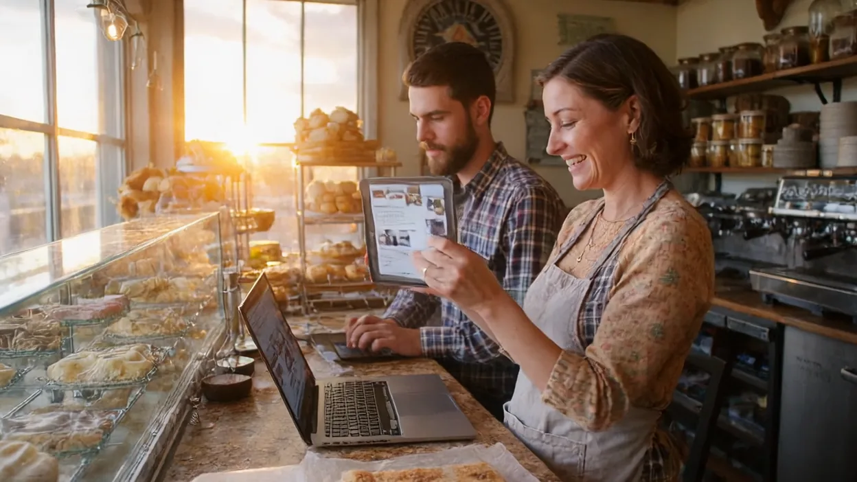 A bakery owner holds up a tablet and smiles while a web admin works on a laptop beside her at the pastry counter.