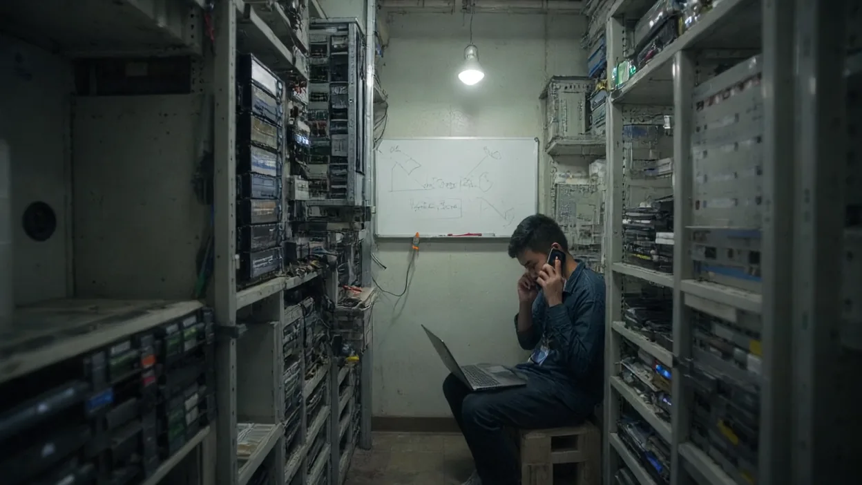 A sysadmin on the phone sits with a laptop on his knee in a narrow server closet lined with equipment racks.