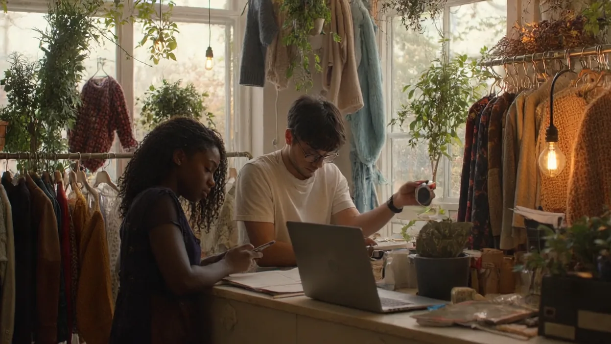 A boutique owner checks her phone at the counter while a web designer beside her times the page with a stopwatch.