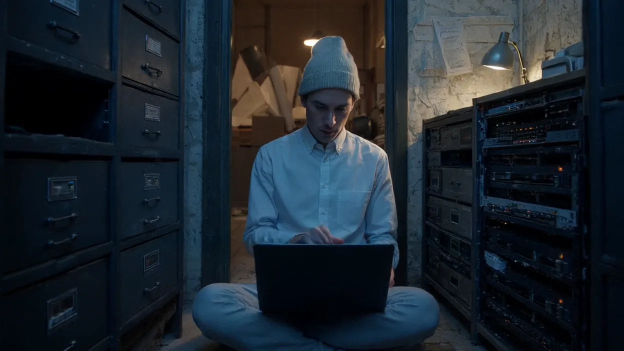 A young IT tech in a beanie sits cross-legged on the floor between filing cabinets and a blinking server rack late at night, typing on a laptop in his lap.