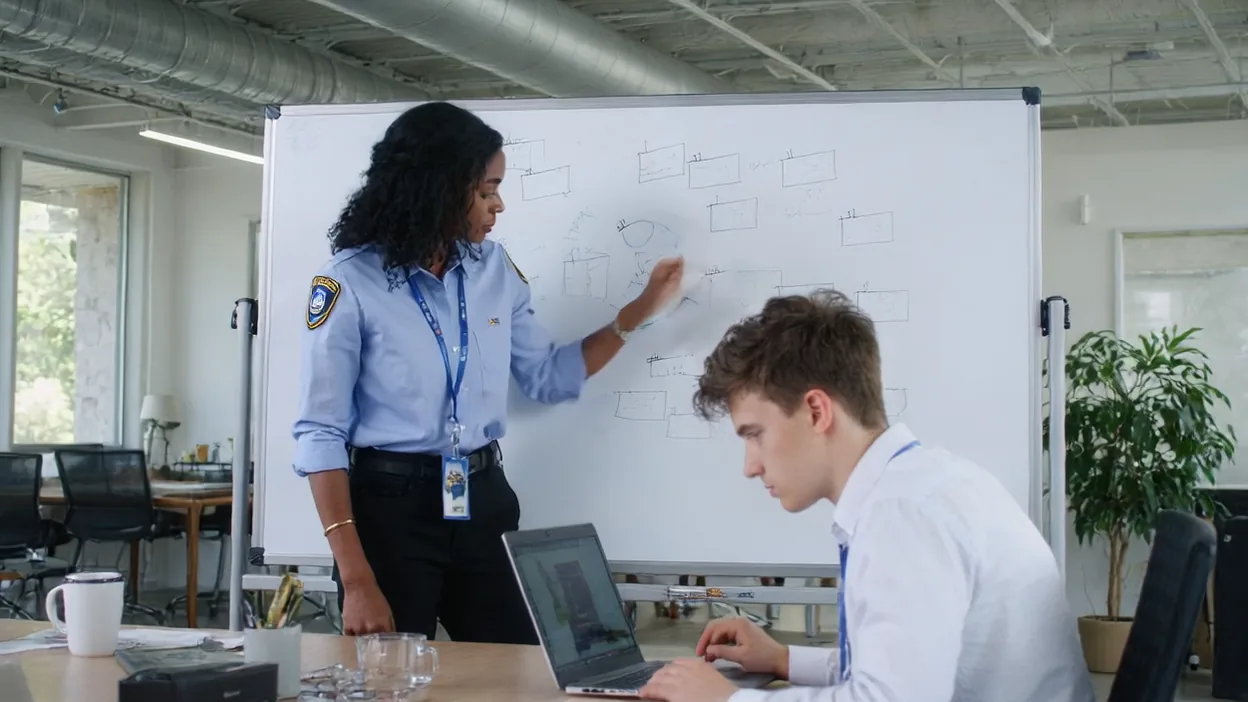 A security engineer sketches a diagram on a whiteboard while a developer works at a laptop in front of her.