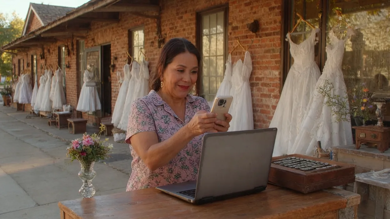 A bridal shop owner smiles at her phone at a table outside her shop, wedding dresses on racks behind her.