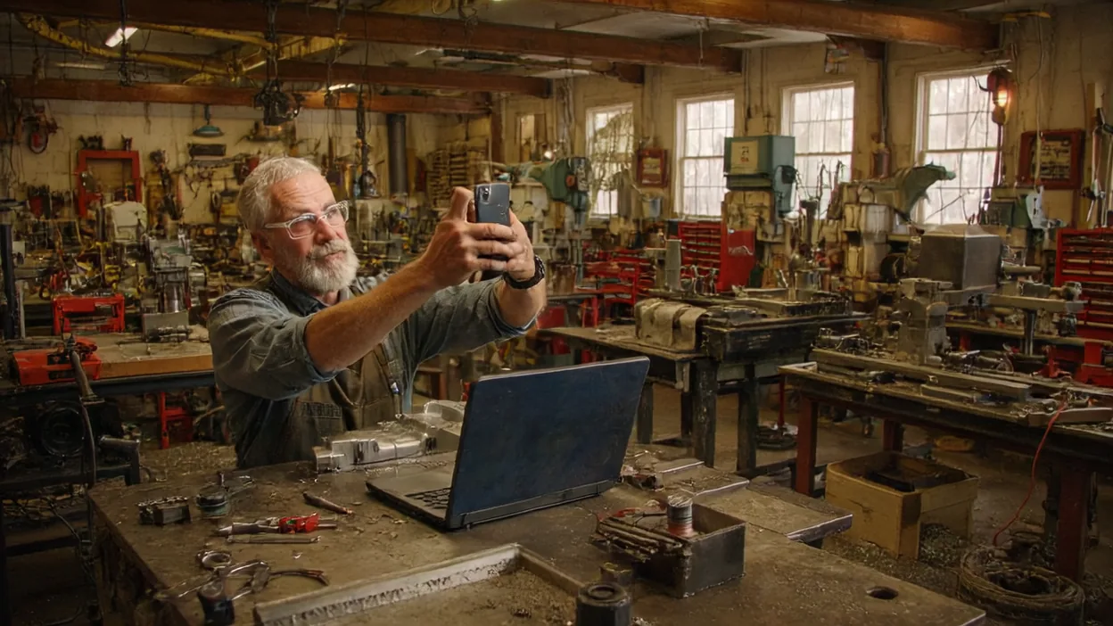 A machinist photographs a metal part with his phone in a busy job shop, a laptop open on his bench.