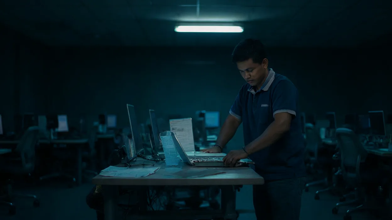 A technician works at a laptop on a cart in a dark office after hours, rows of empty desks around him.