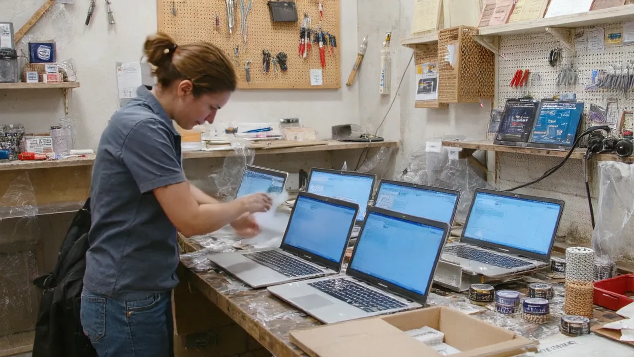 A technician sets up a long row of new laptops on a workbench in a repair shop.